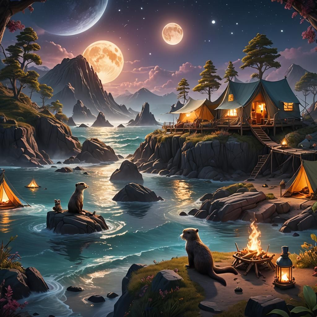 Otter Camping Under Moonlit Ocean: Detailed Matte Painting
