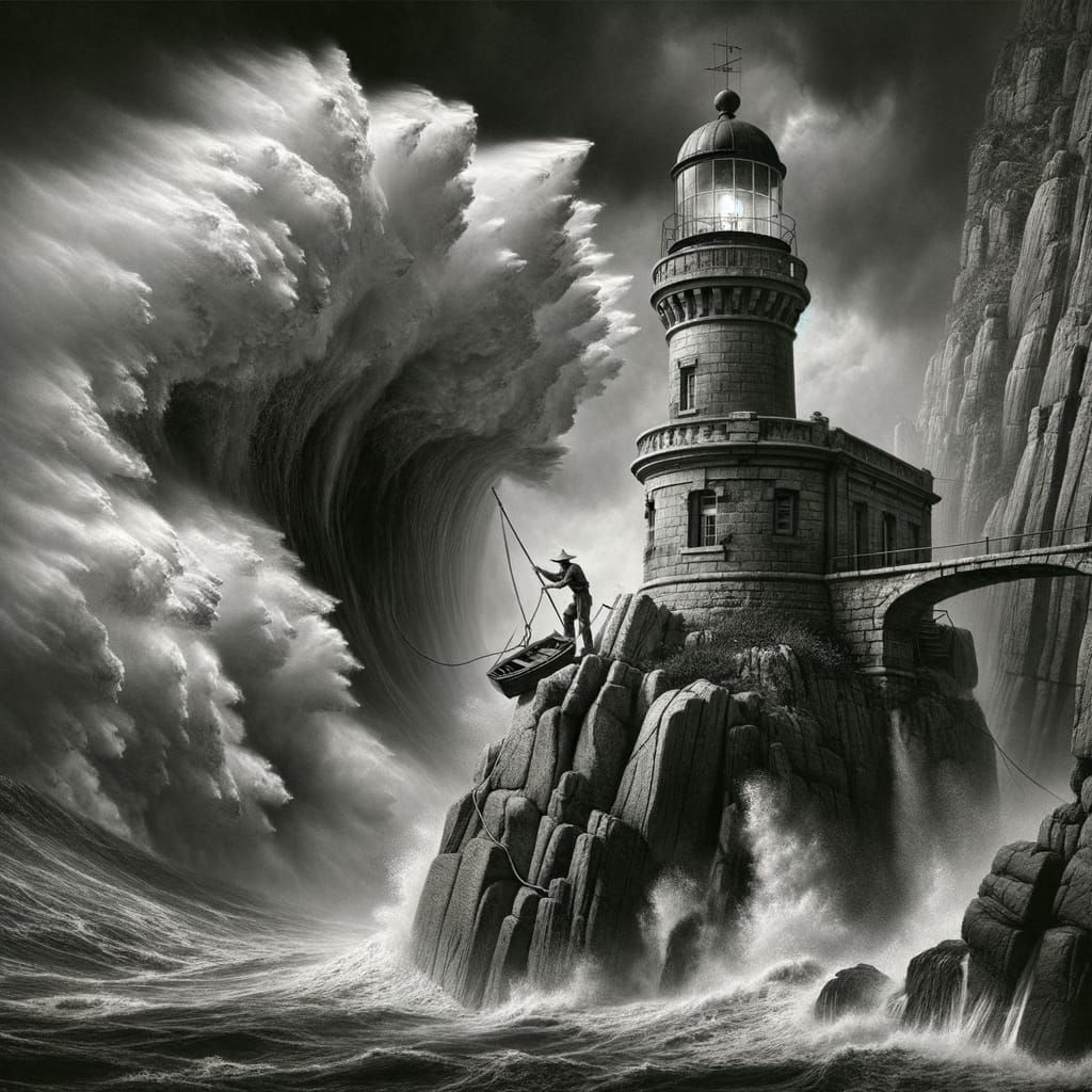 Lighthouse Keeper Polishes Fresnel Lens in Stormy Seas