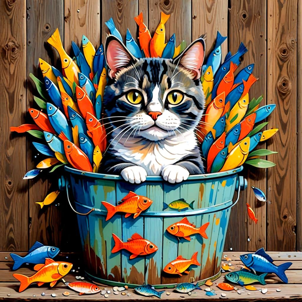 A Cat in a Bucket of Fish
