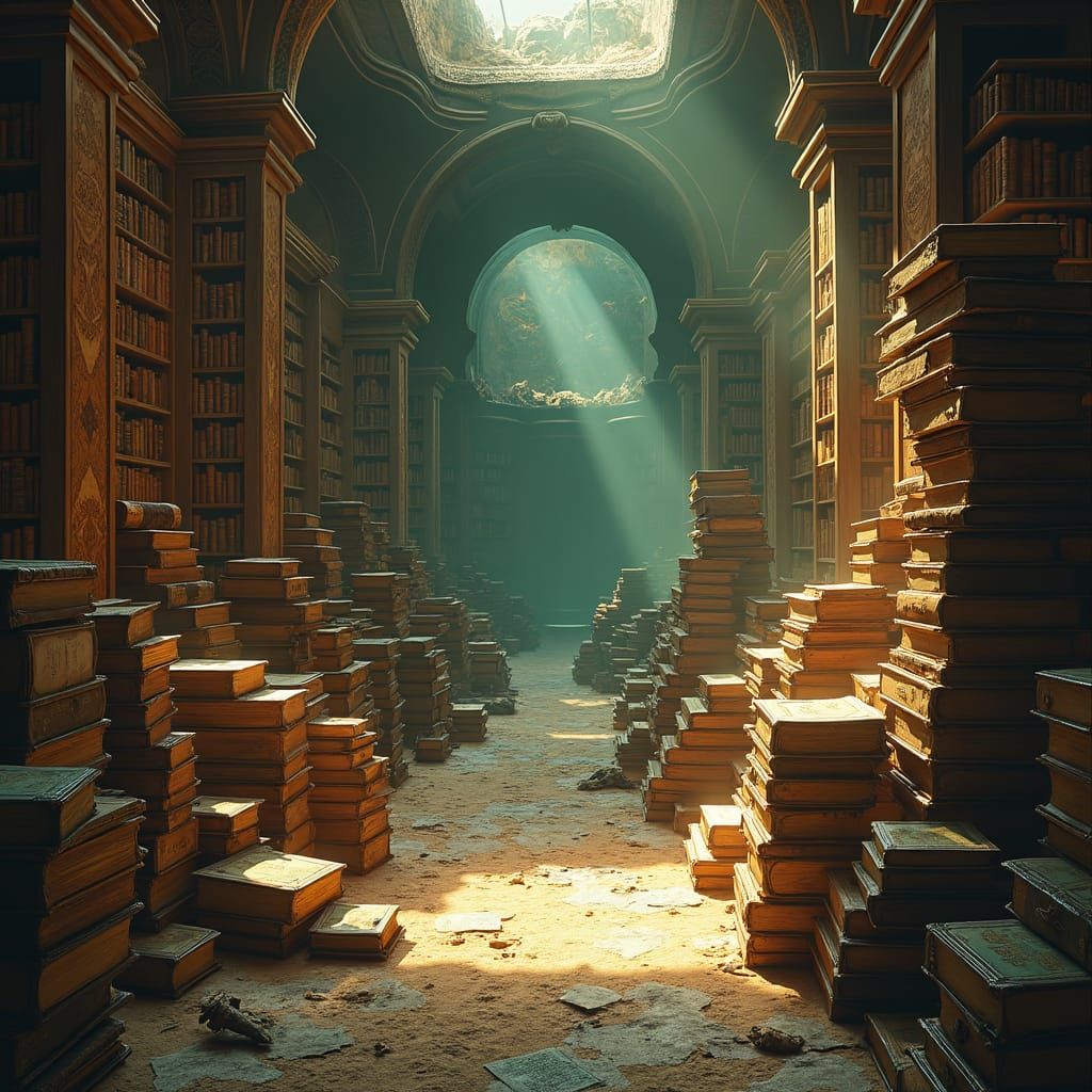 Mystical Library: Ancient Tomes and Golden Light