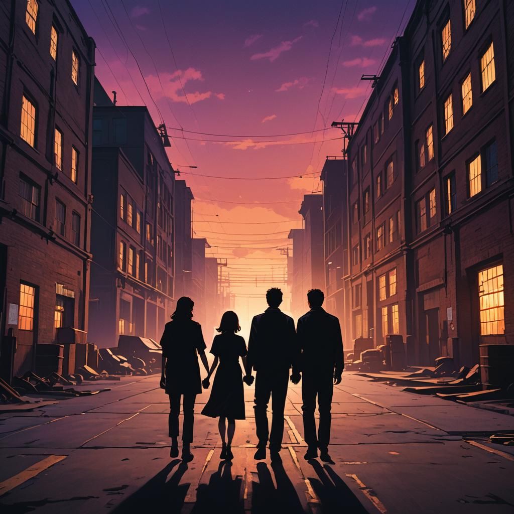 Father and Daughter Silhouette at Twilight, Matte Painting