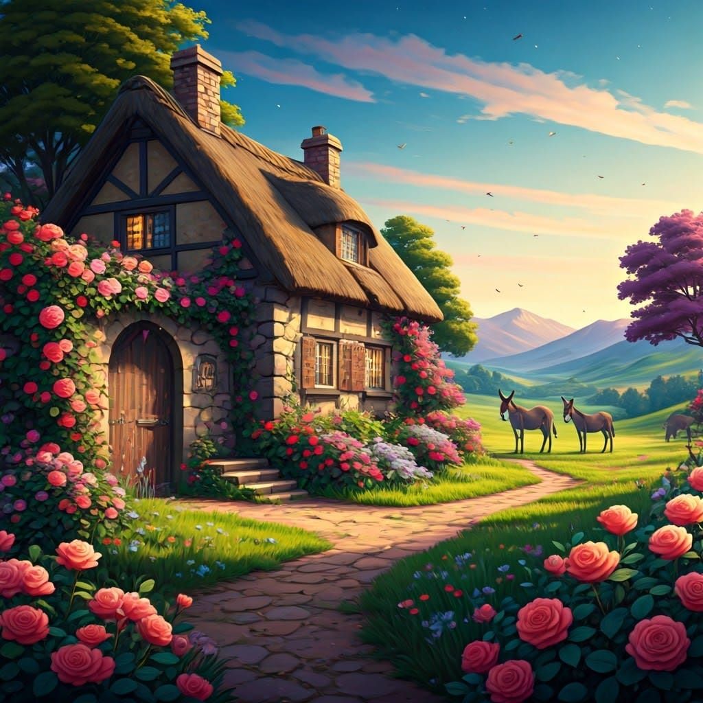 Rustic Cottage in Vibrant Rose Garden with Peaceful Donkeys