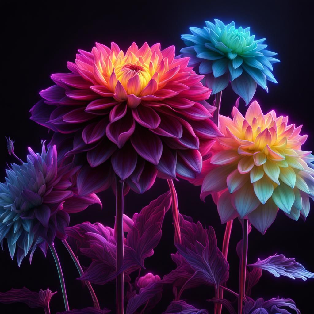 Neon Dahlias with Blacklight Effect as Digital Art