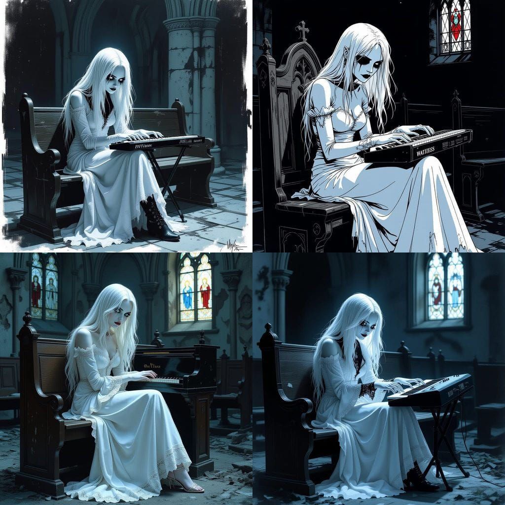 Gothic Keyboardist Wraith in Abandoned Cathedral