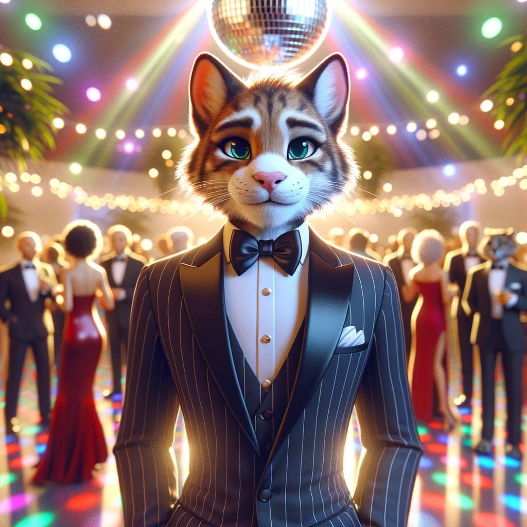Dapper Cat in Tuxedo at a Lively Dance Party