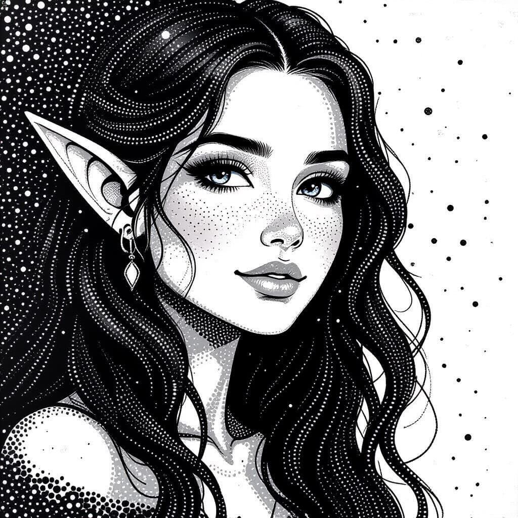 Black and White Dot Painting of a Beautiful Elf