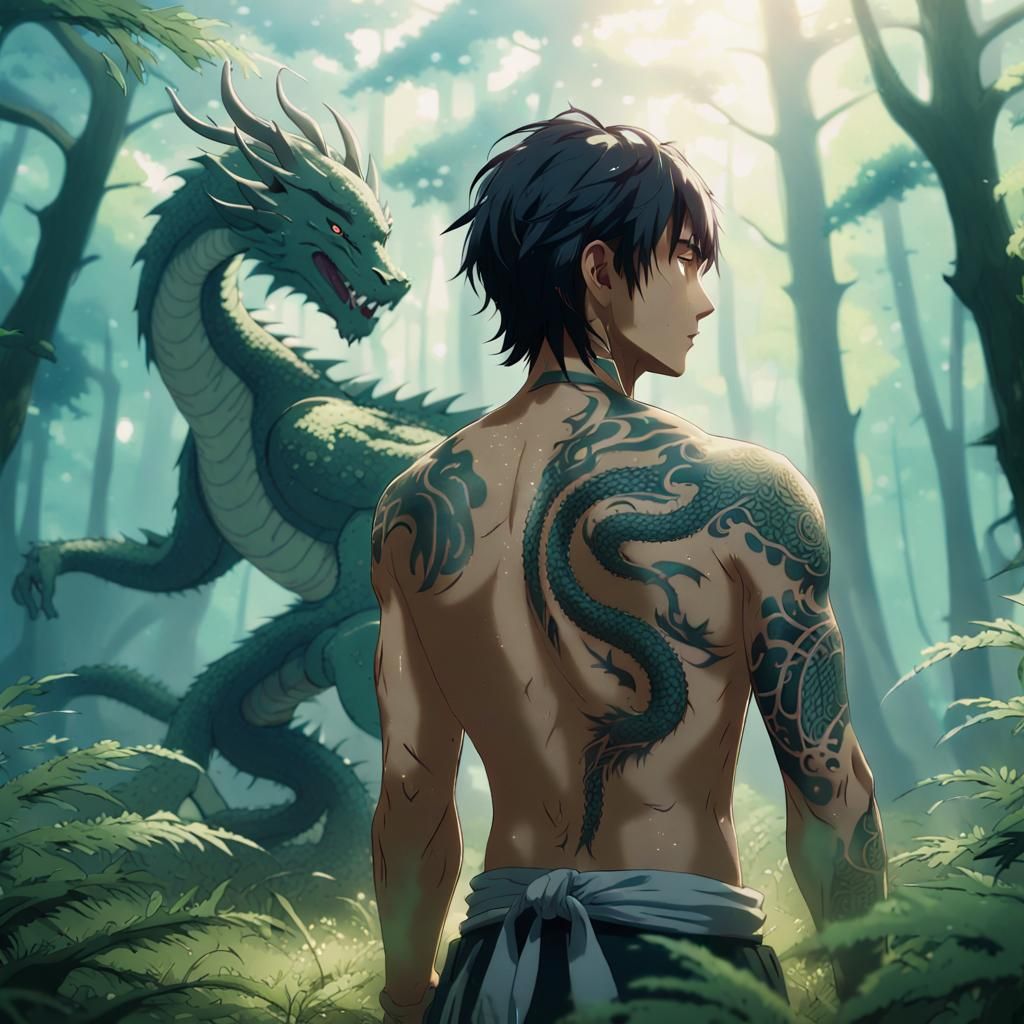 Martial Artist with Dragon Tattoo in Anime Style