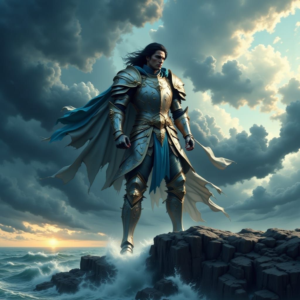 Knight on Stormy Cliff Overlooking Sea in Anime Style