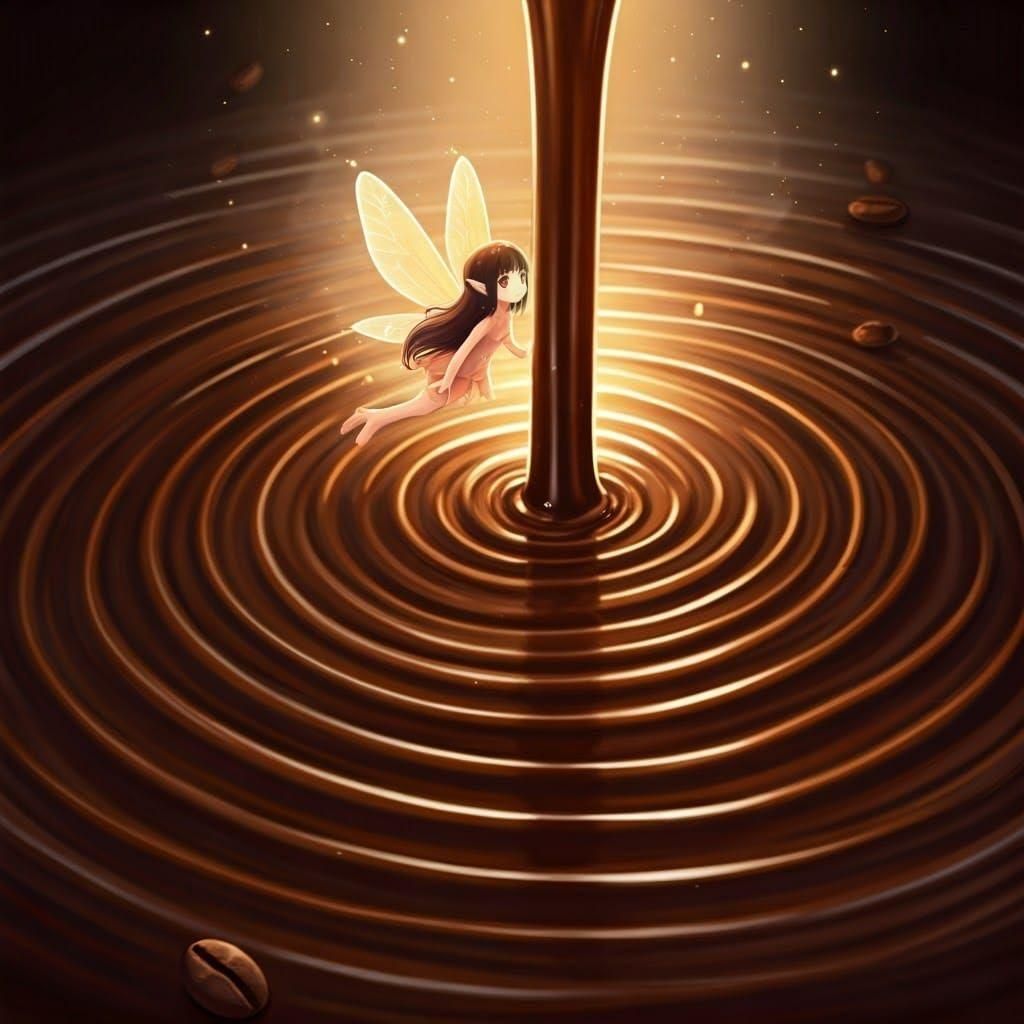 Anime Fairy Swims in Coffee Fountain