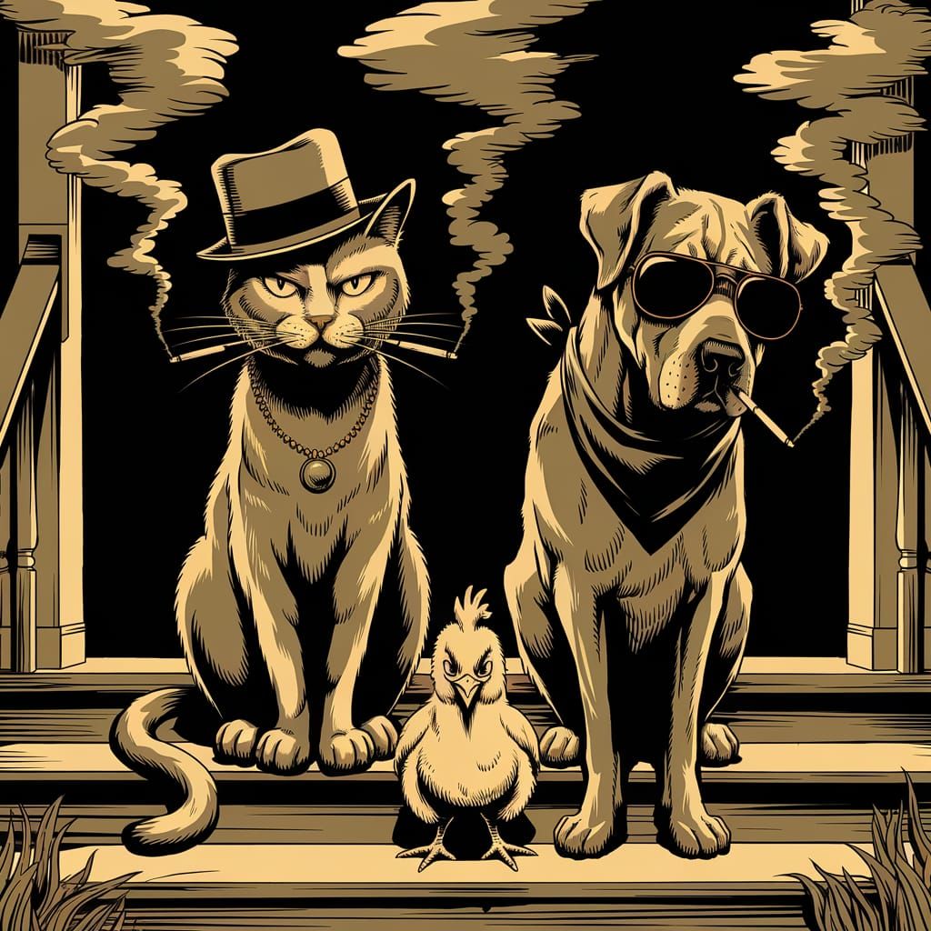 A Sinister Scene: Smoking Animals on a Porch