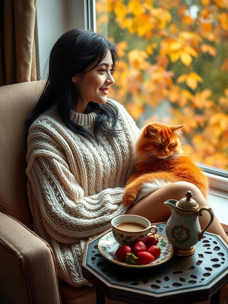 Slavic Woman in Autumn Serenity with Cat