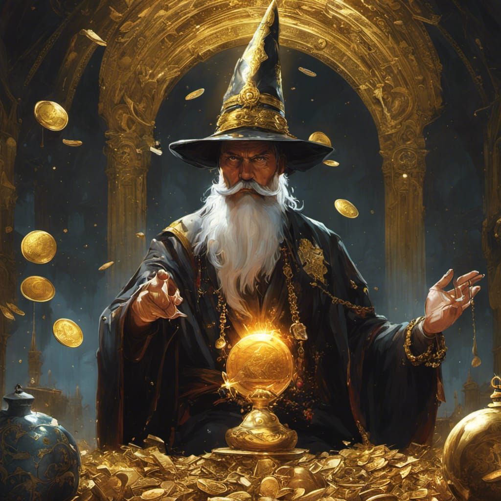 Wizard Juggling Bombs on Gold Hoard, Detailed Digital Art