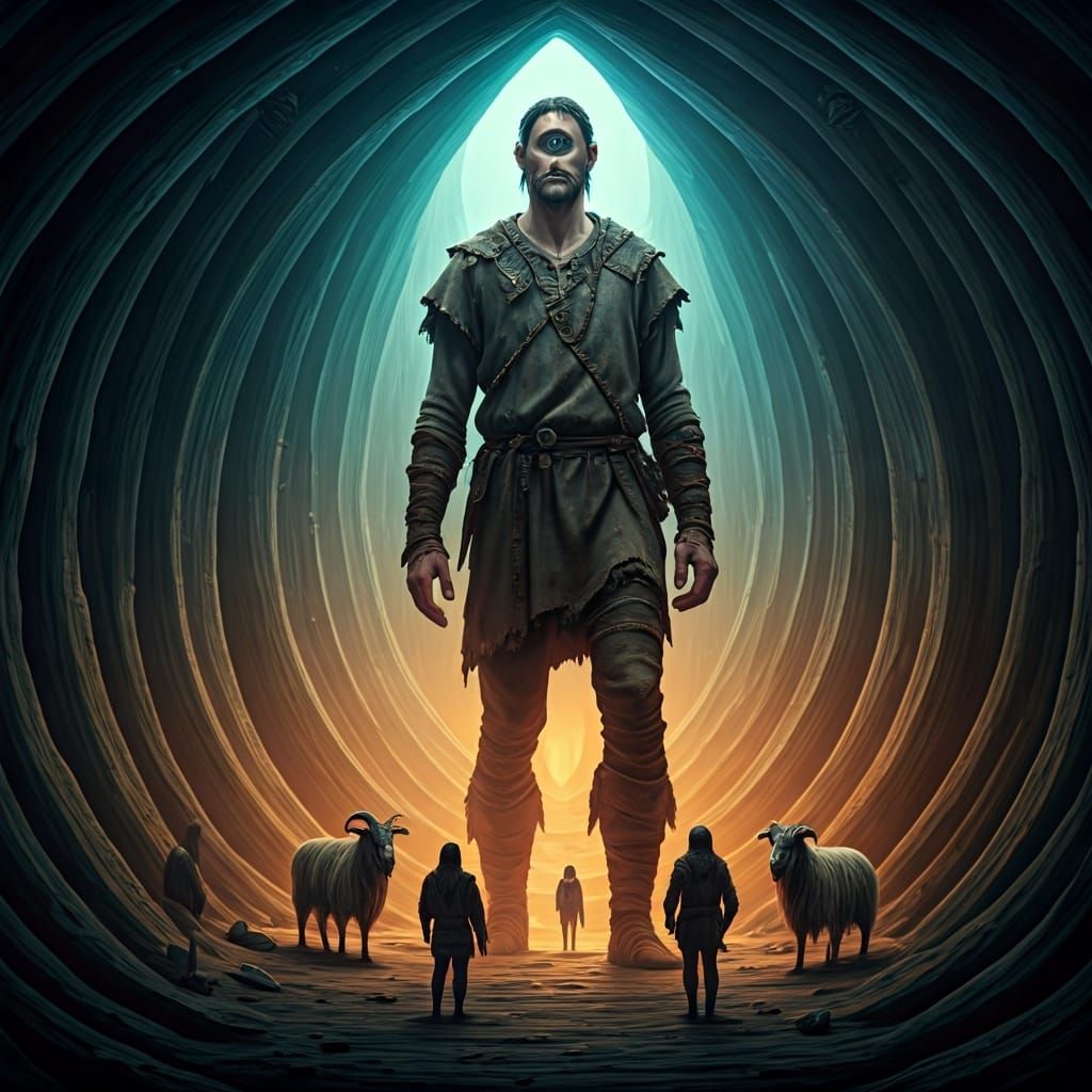 Cyclops in Mystical Cave with Small People