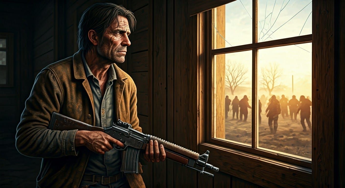 Battle-Scarred Man Guarding Window in Regionalist Style