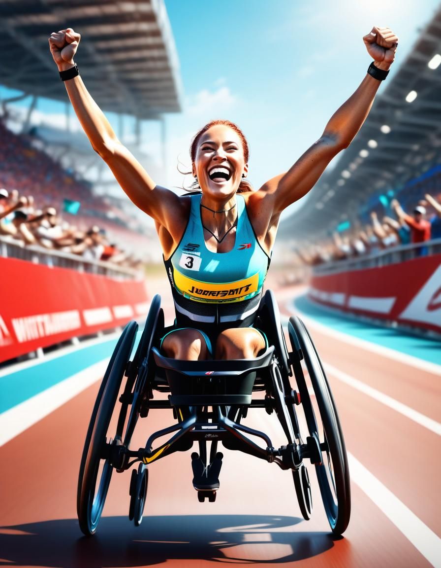 Victorious Wheelchair Athlete Celebrates at Finish Line