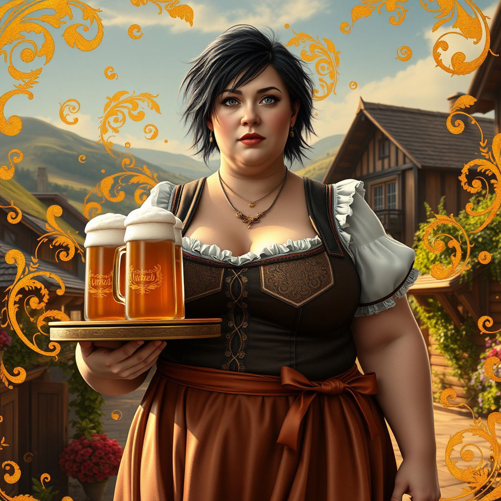 Plus Size Fantasy Dirndl Maiden with Beer and Foliage