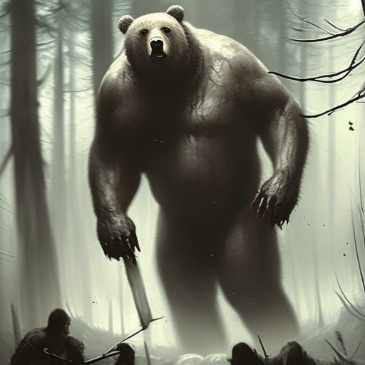 Human Bear Monster in Dark Fantasy Forest