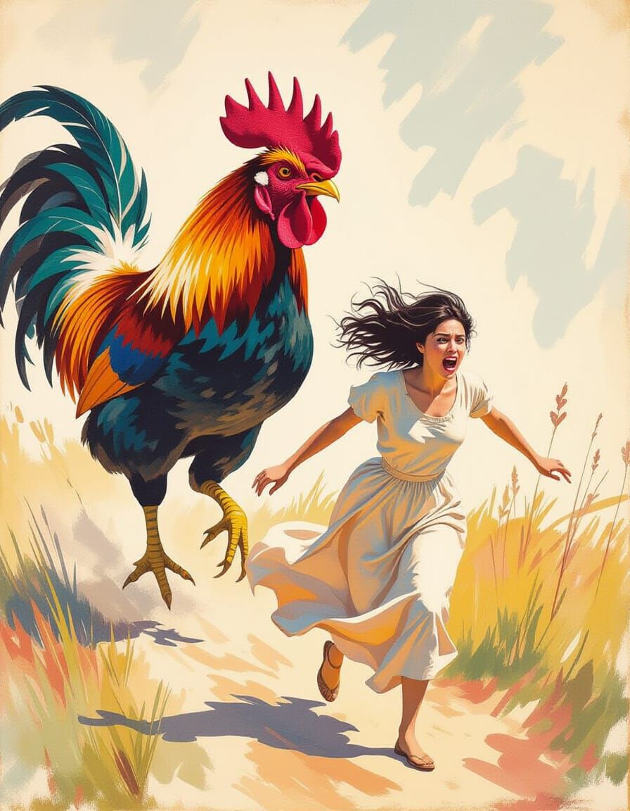 Woman Fleeing a Monstrous Rooster: Impressionist Maximalism