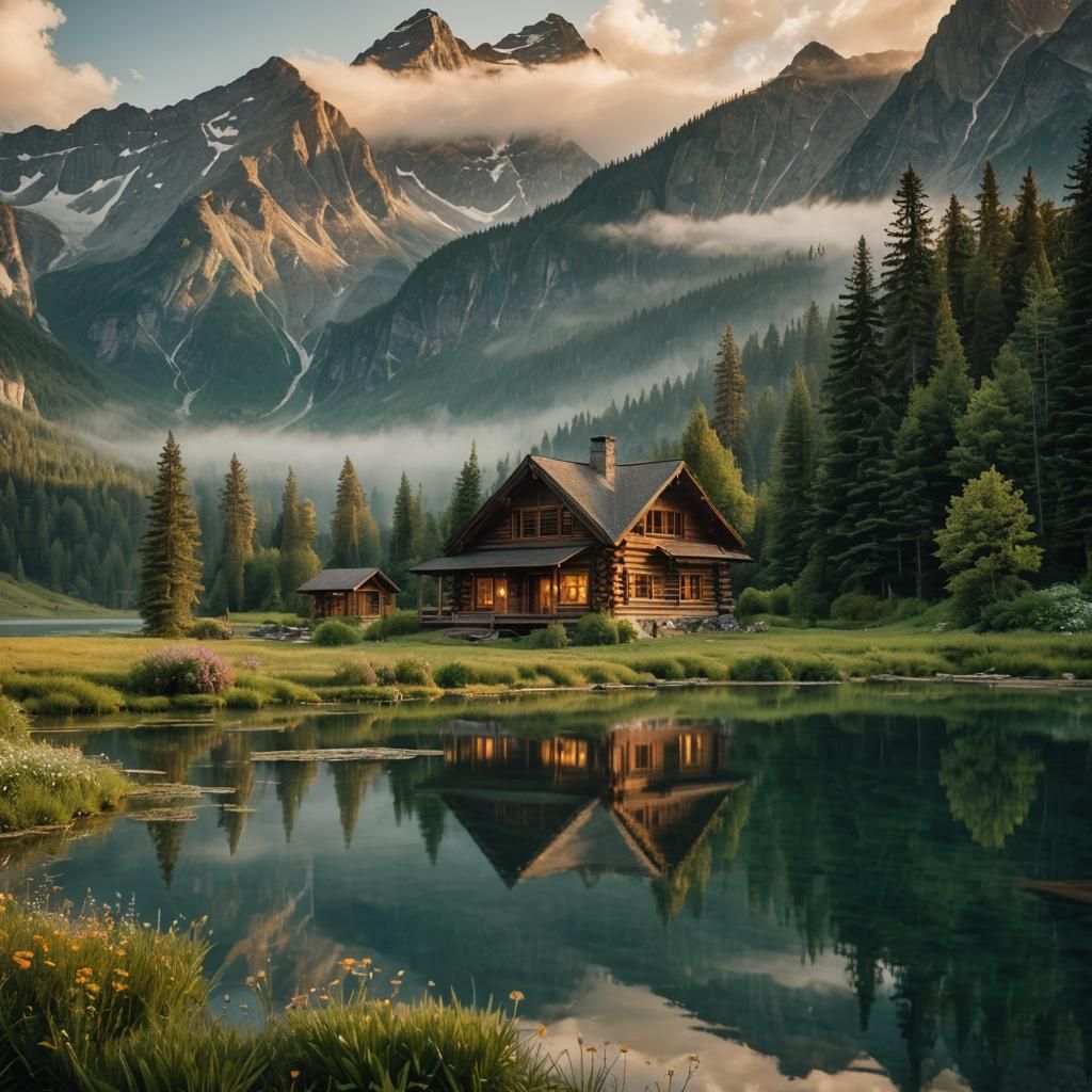 Log Cabin by Pristine Lake at Golden Hour