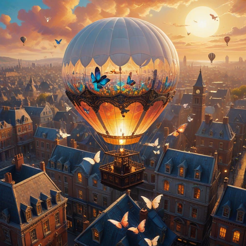 Steampunk Hot Air Balloon with Glass Butterflies