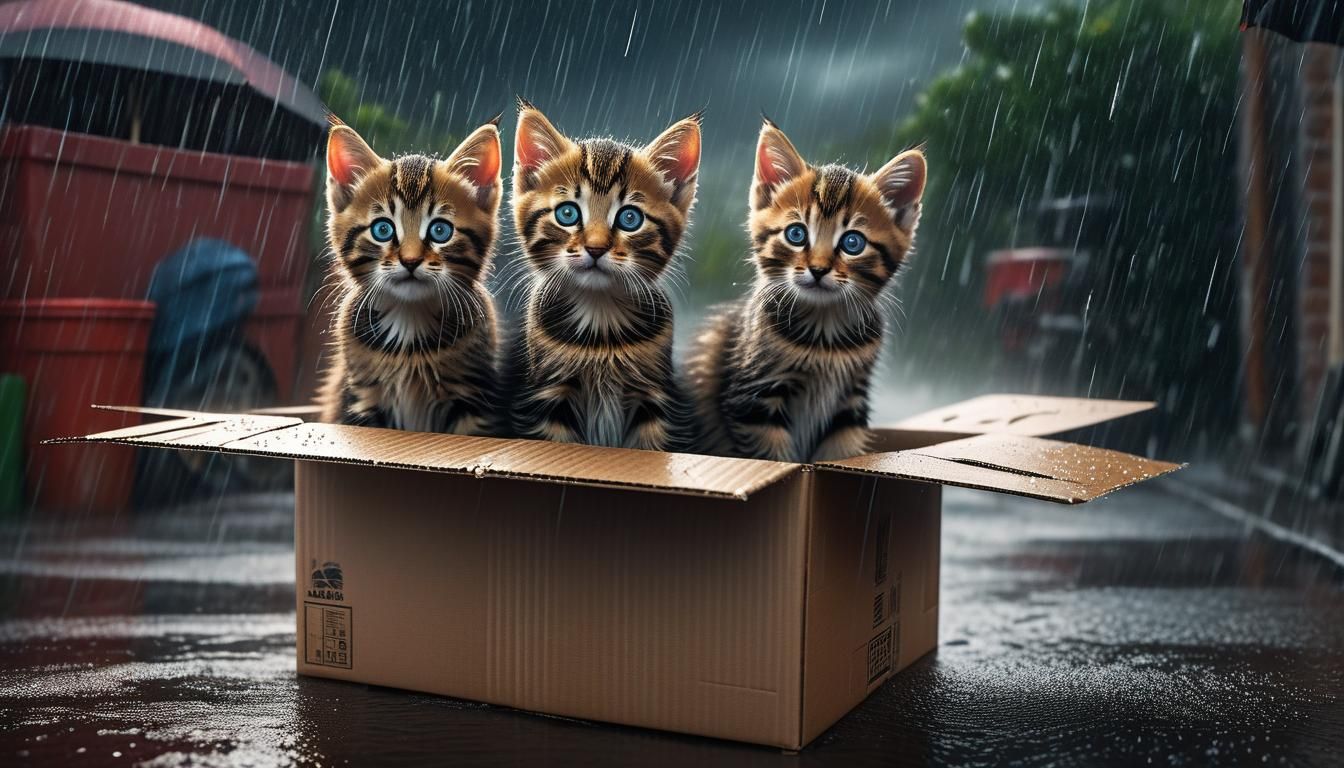 Mother Cat and Kittens in Storm, Fantasy Art