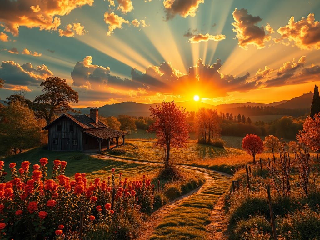 Fantasy Farmhouses at Sunset in Romantic Style