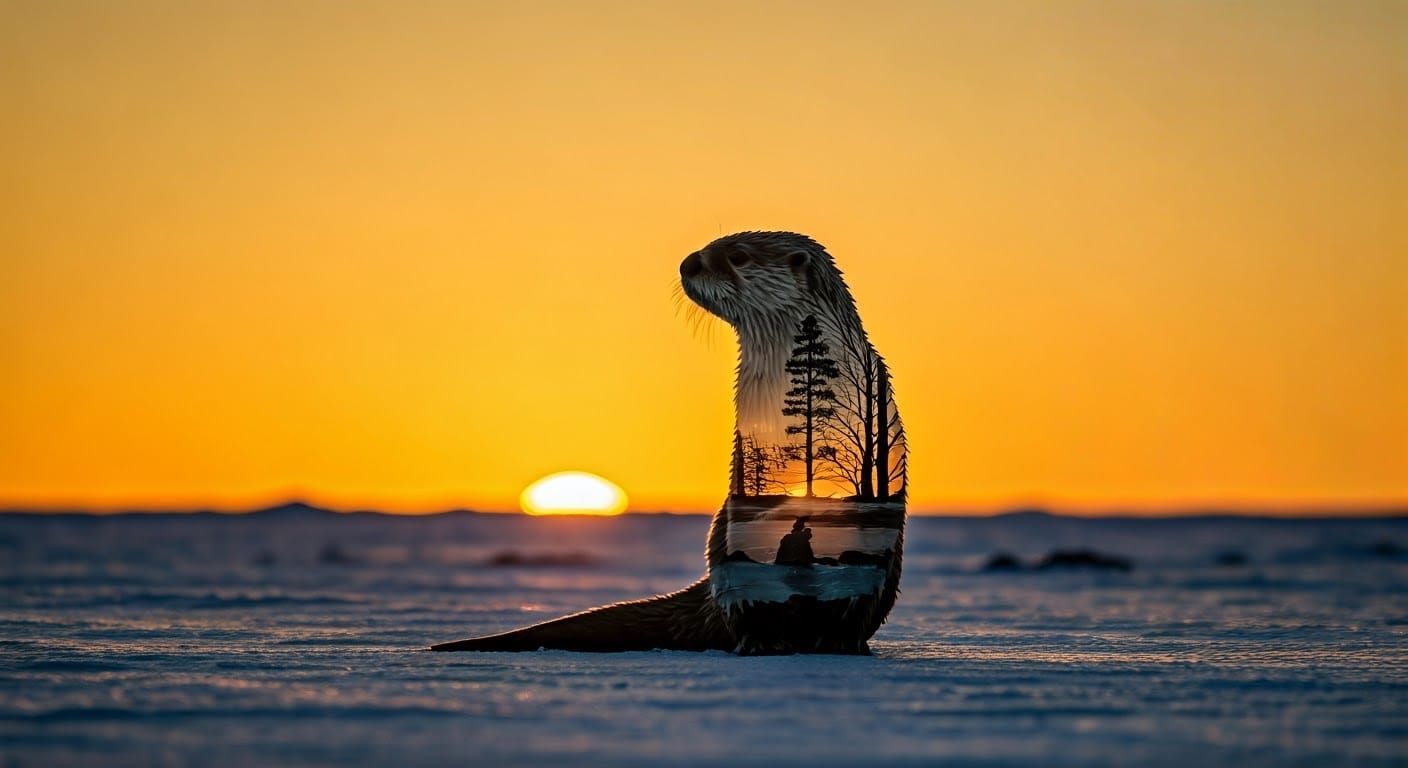 Serene Sea Otter Silhouette in Sunset Coast Scene with Icy S...