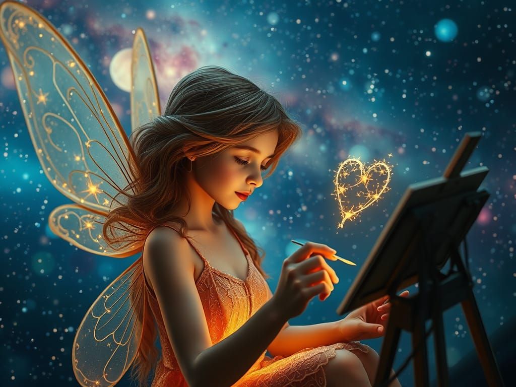 Fairy Paints Heart Constellation in Ethereal Night Sky