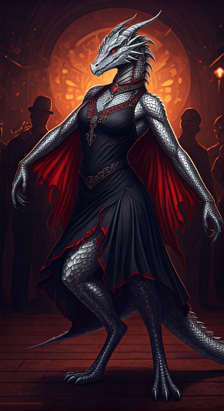 Dragonborn Woman Dancing in Art Nouveau Style