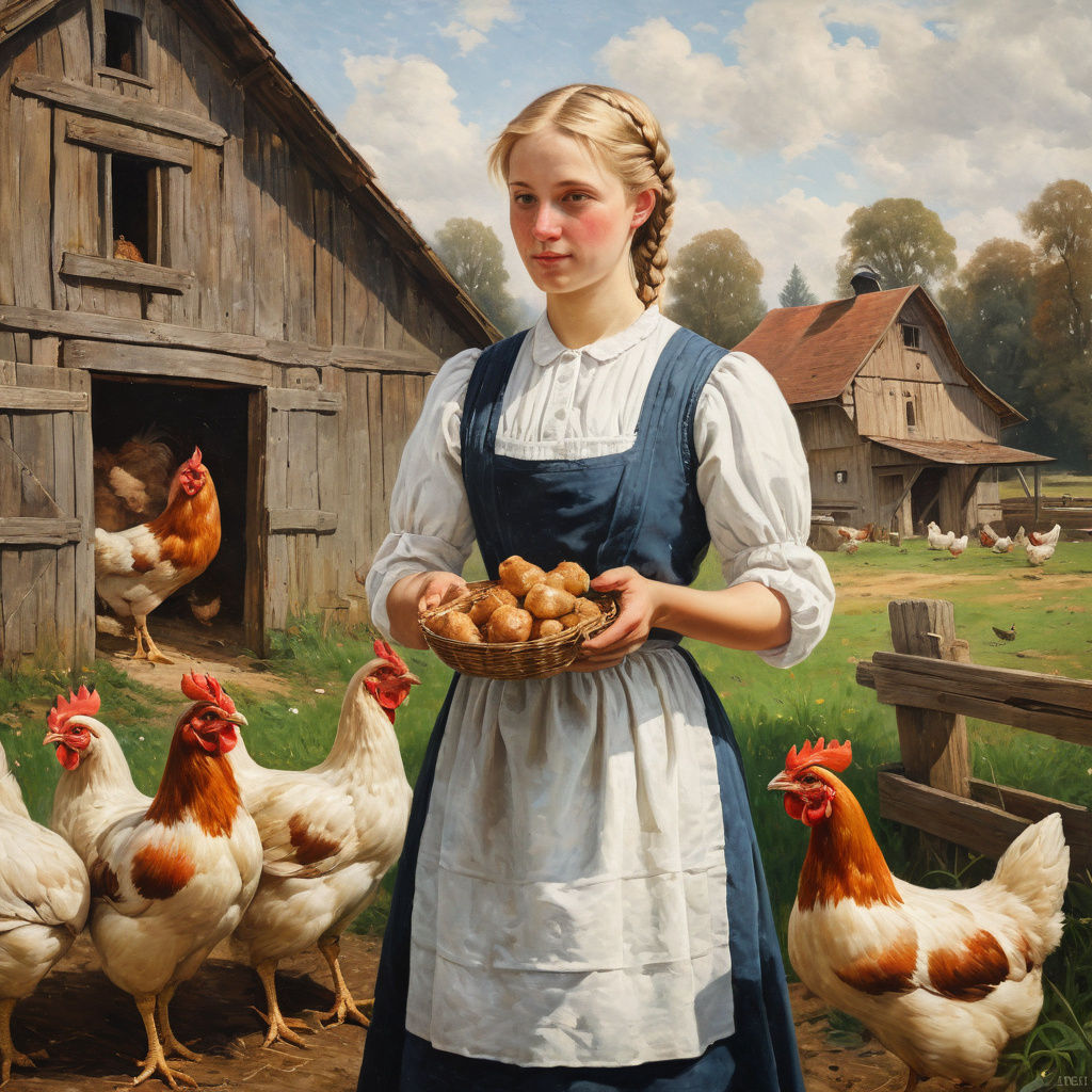 Rustic Swiss Maid Tends to Chickens in Traditional Farm Sett...