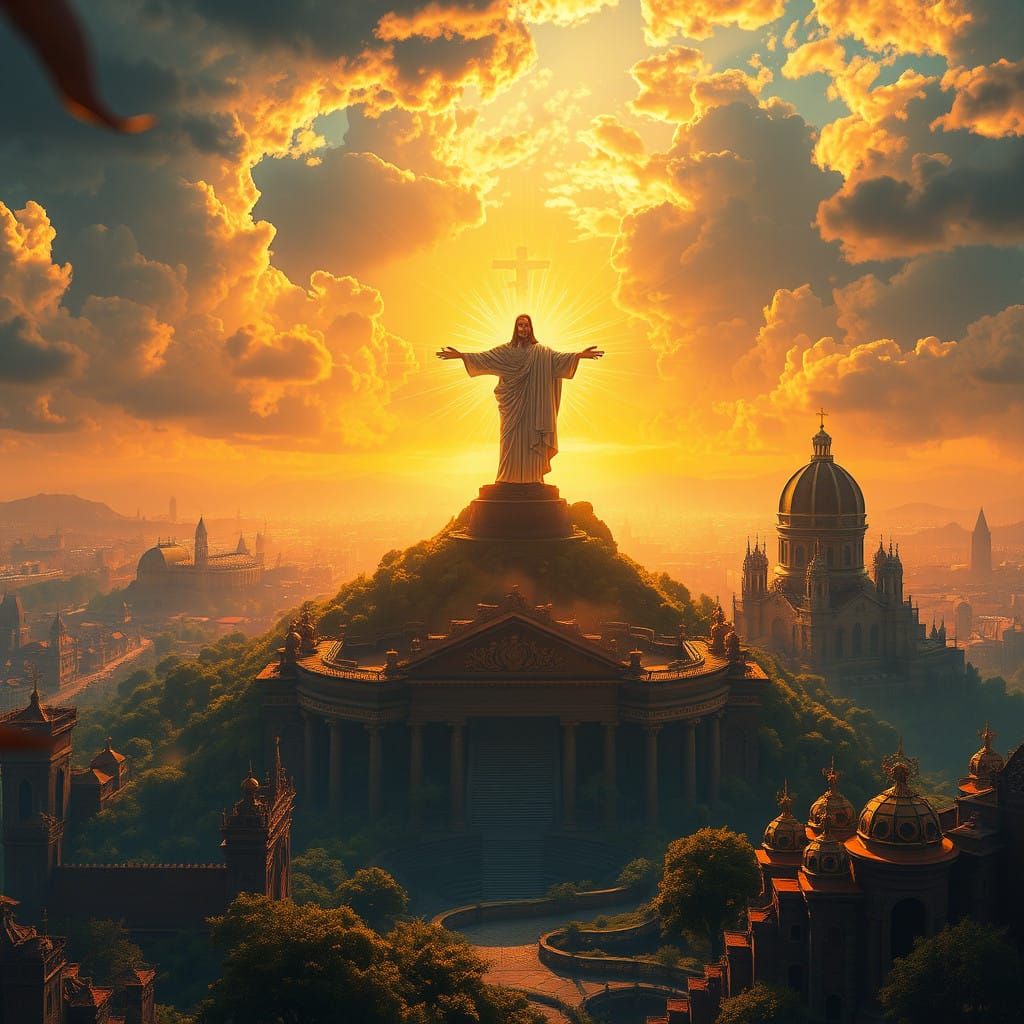 Jesus Christ Standing Amidst a Majestic Golden-Lit Cityscape...