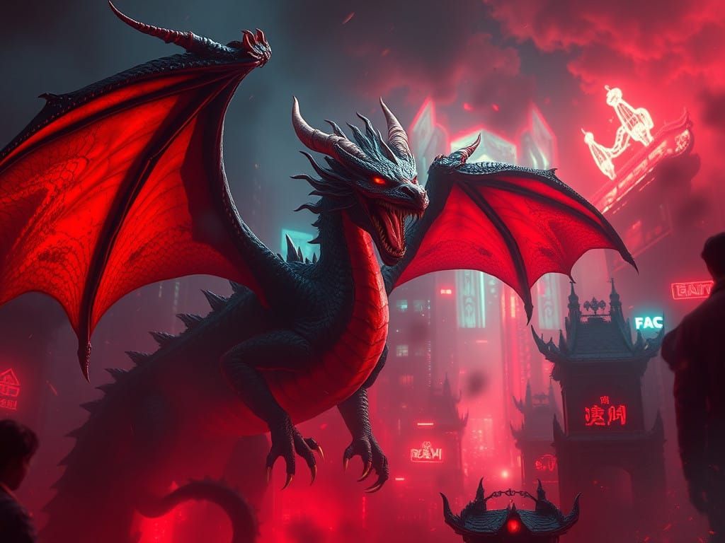 Surreal Dark Fantasy Dragon in Bright Cityscape