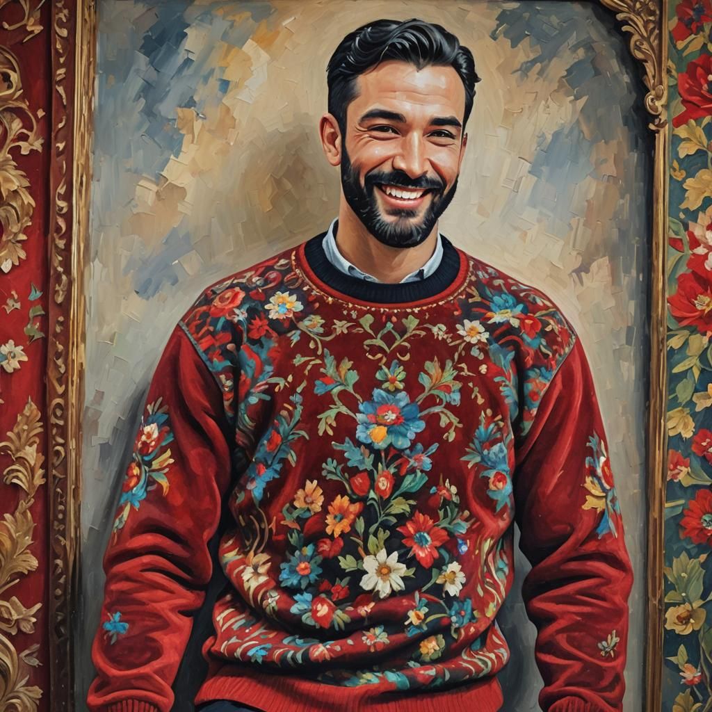 Smiling Man with Black Beard in Impressionist Style
