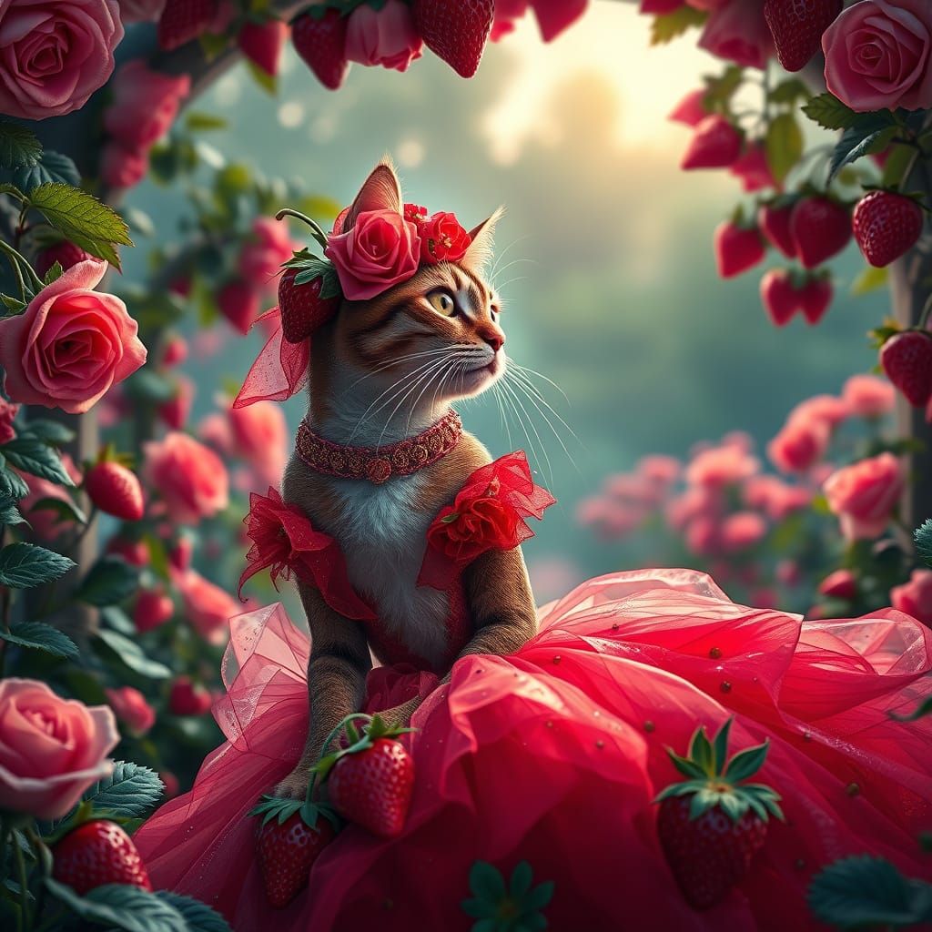 Elegant Cat in Strawberry Couture Amidst Rose Arch