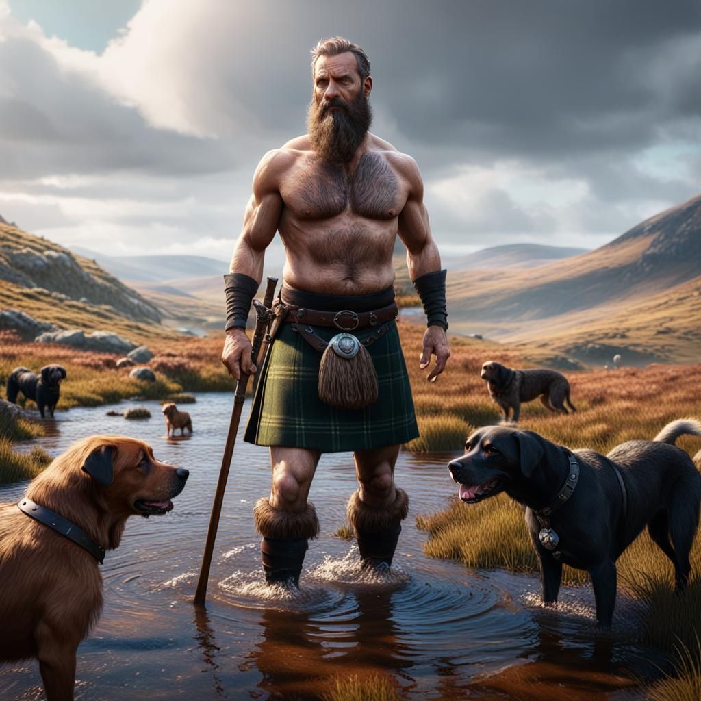 Scottish Laird Bathes in Moorland Stream: 3D Render