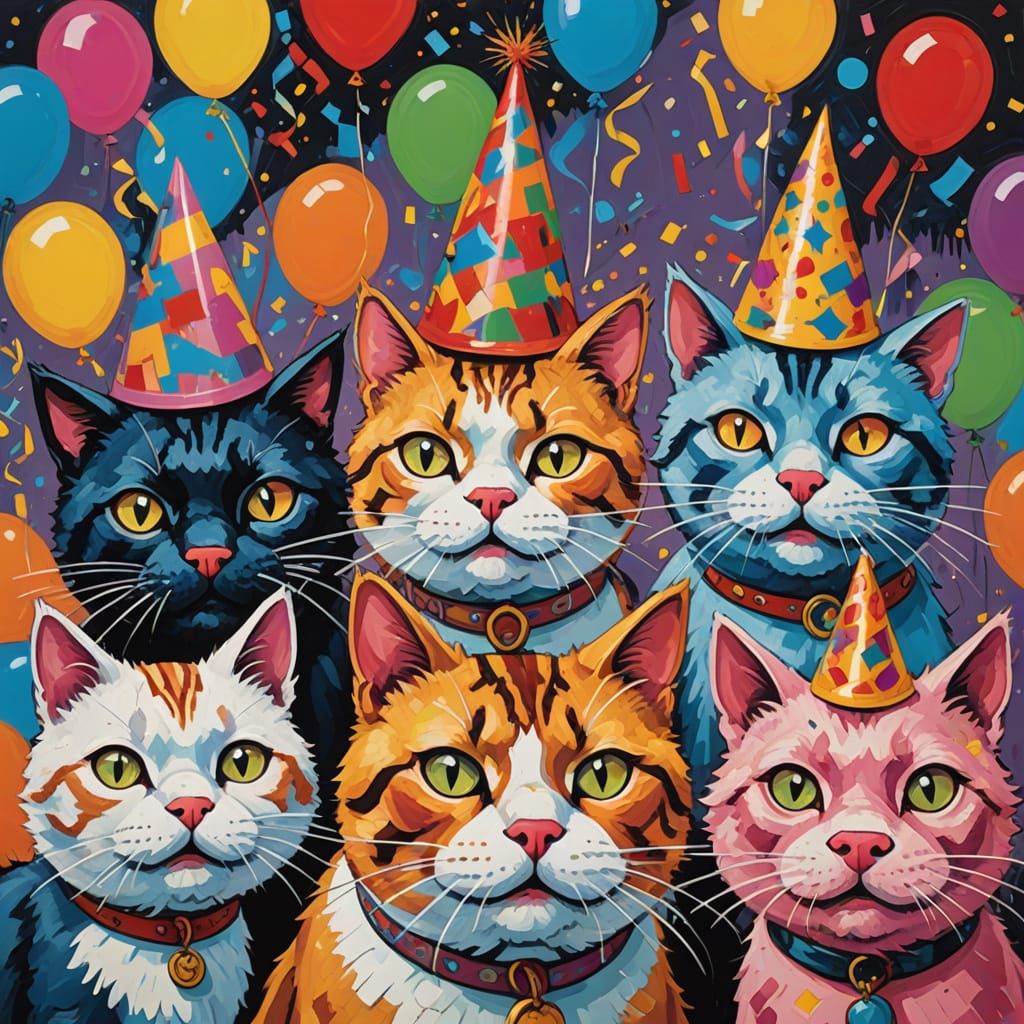 Vibrant Cats Celebrate New Year's Eve in a Bold Expressionis...