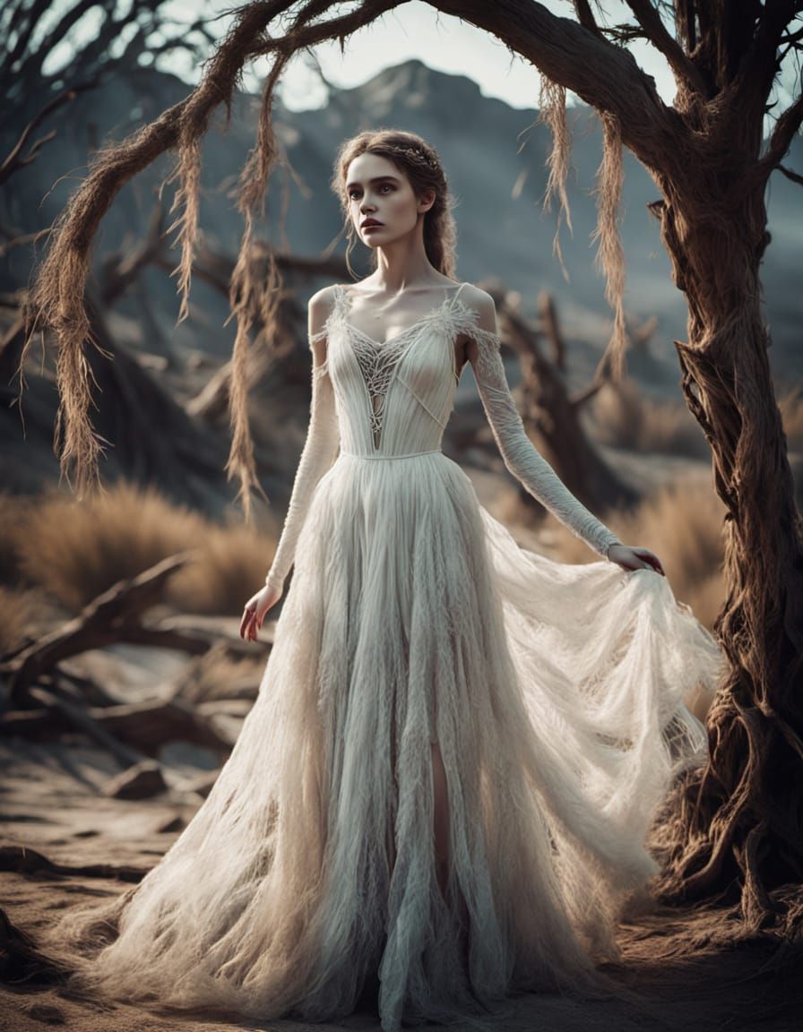 Elegant Ghostly Figure in Tattered Lace Dress in Desert