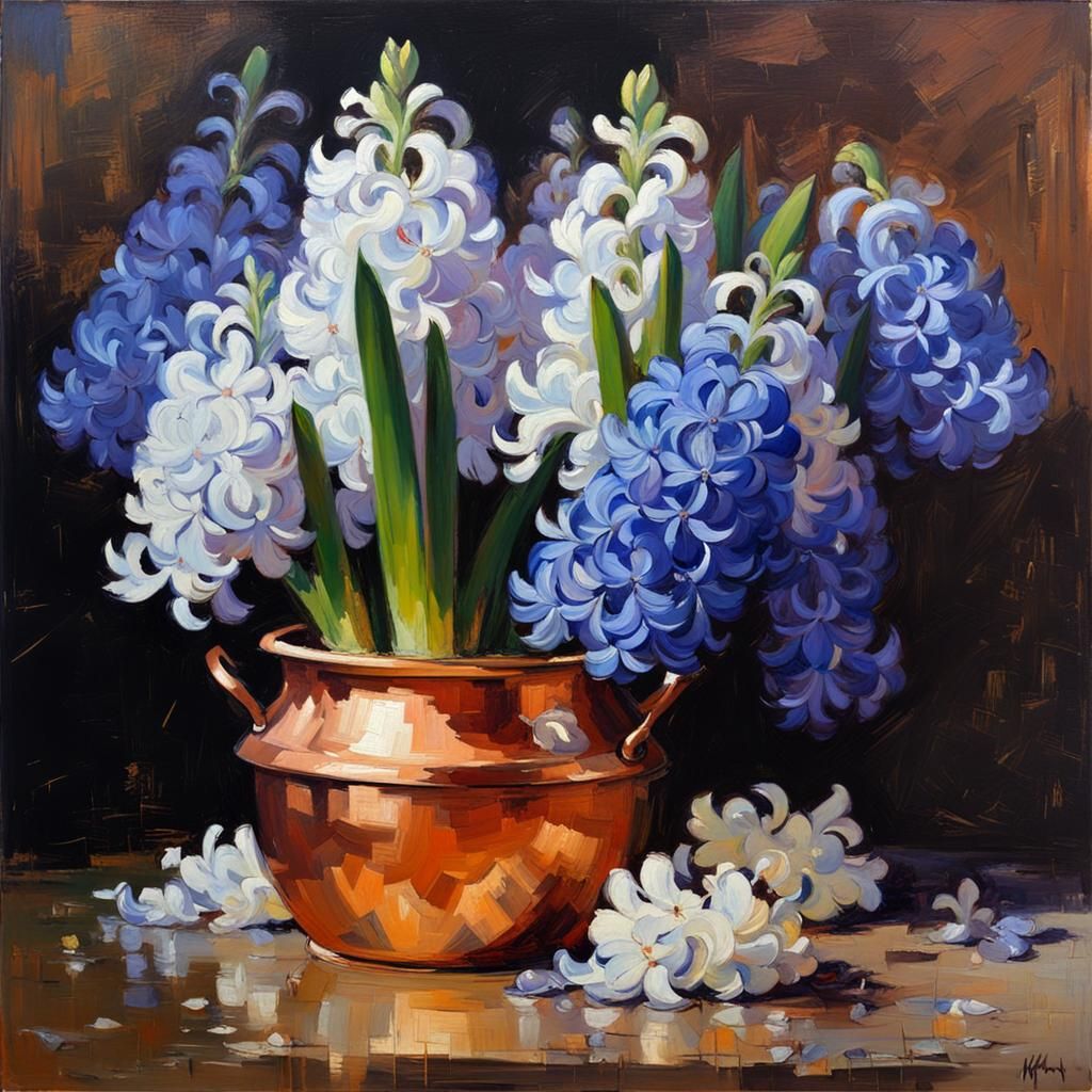 Hyacinths in Copper Pot: Classic Still Life
