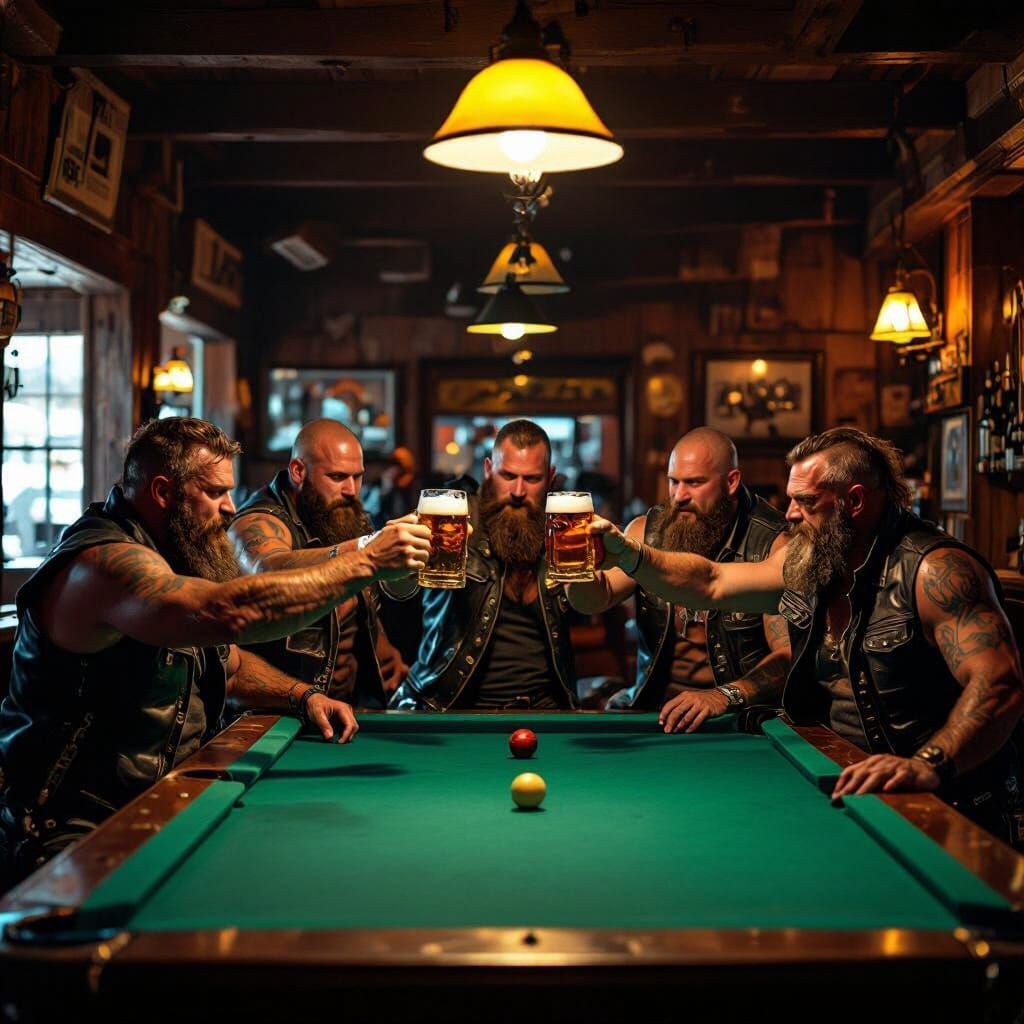 Rugged Bikers Enjoy Beer and Pool in Gritty Bar