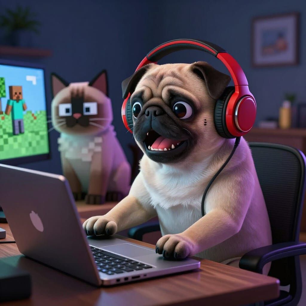 Pug and Cat Play Minecraft in Cozy Room