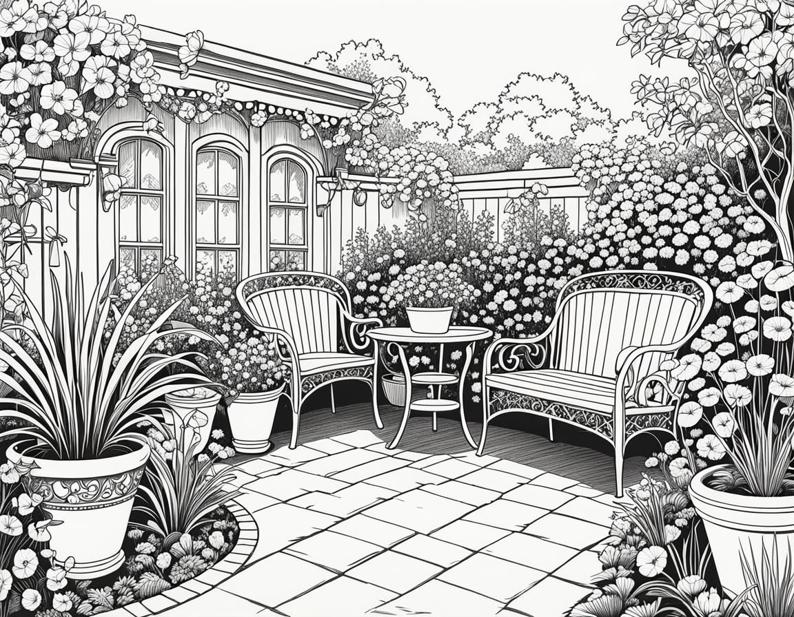 Elegant Art Nouveau Garden Scene in Line Drawing