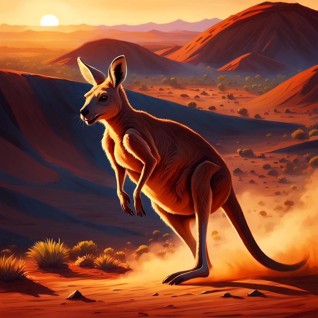 Kangaroo Bounding Across Outback in Golden Light