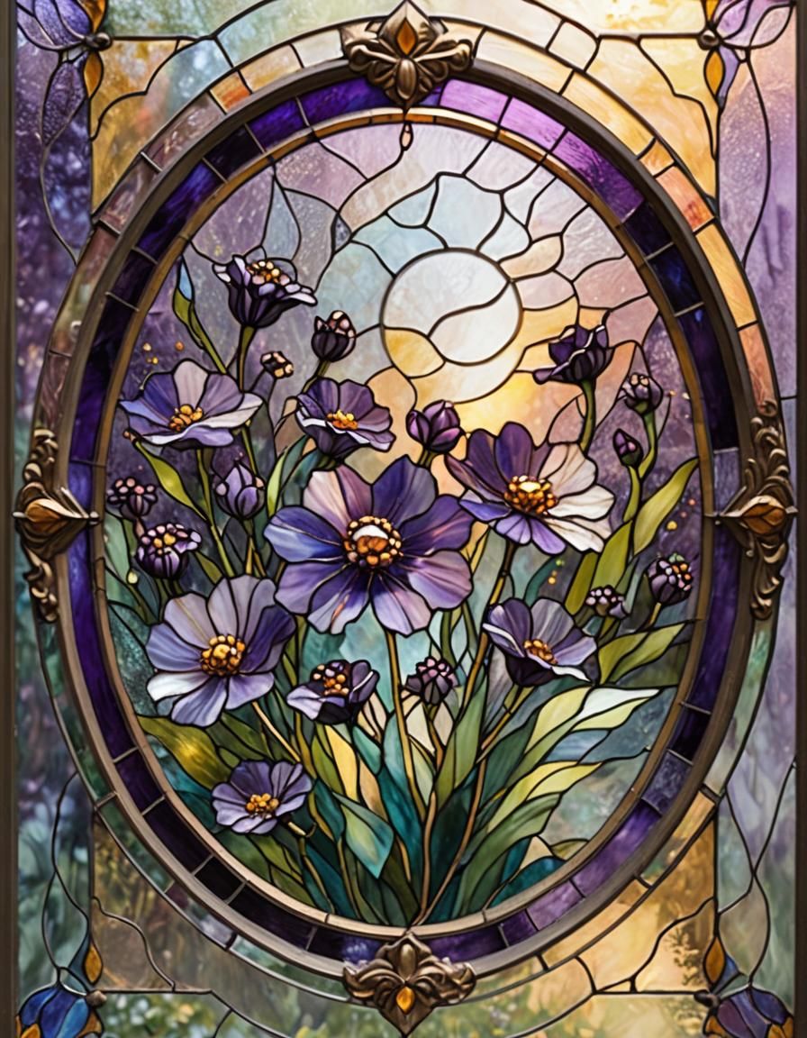 Purple Flower Stained Glass Art in Kinkade Style