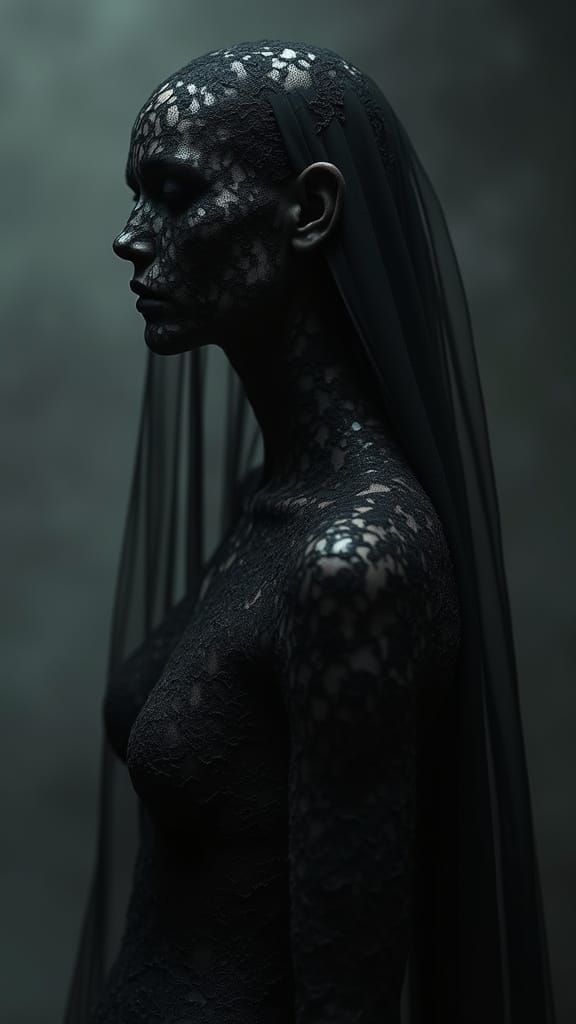 Ethereal Lace Figure Emerges from Shadows in Hyper-Realism