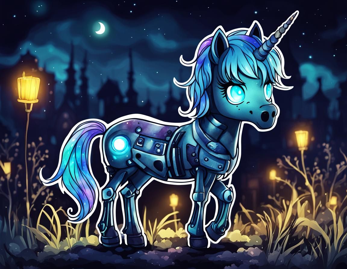 Bioluminescent X-Ray Chibi Unicorn in Watercolor Style