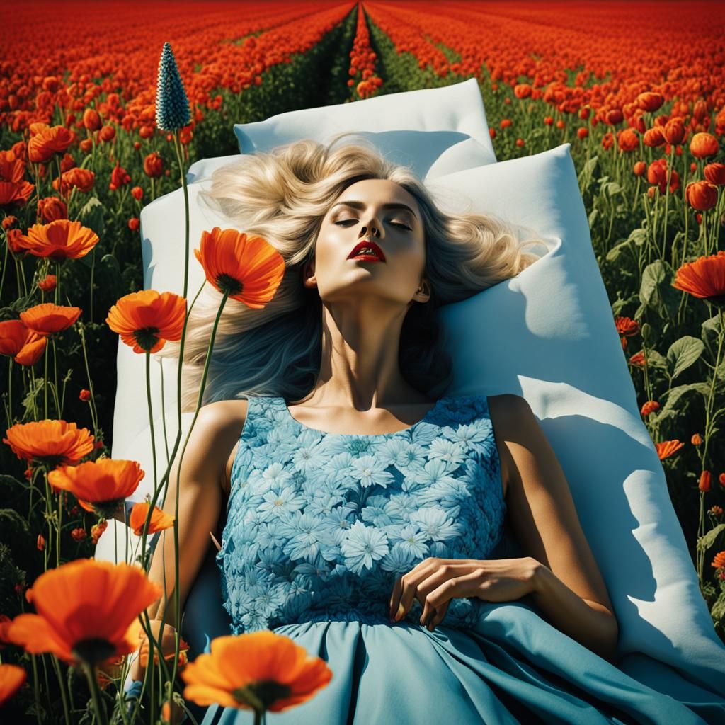 Woman in Flower Field: Surreal Dreamscape, Watercolor Art