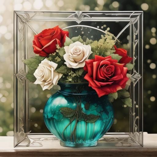 Romantic Rose Etching in Glass and Rainbow Frame