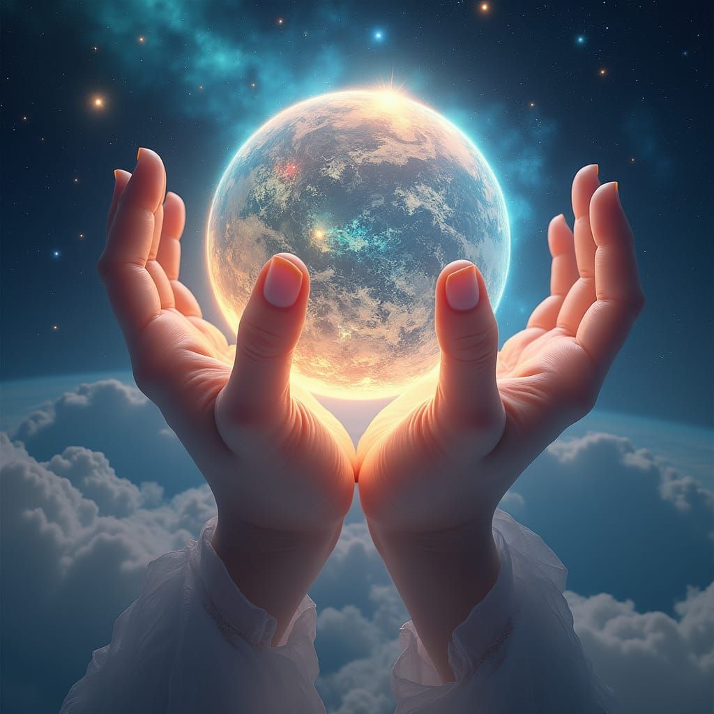 Cosmic Hands Shaping a Planet in Surreal Style