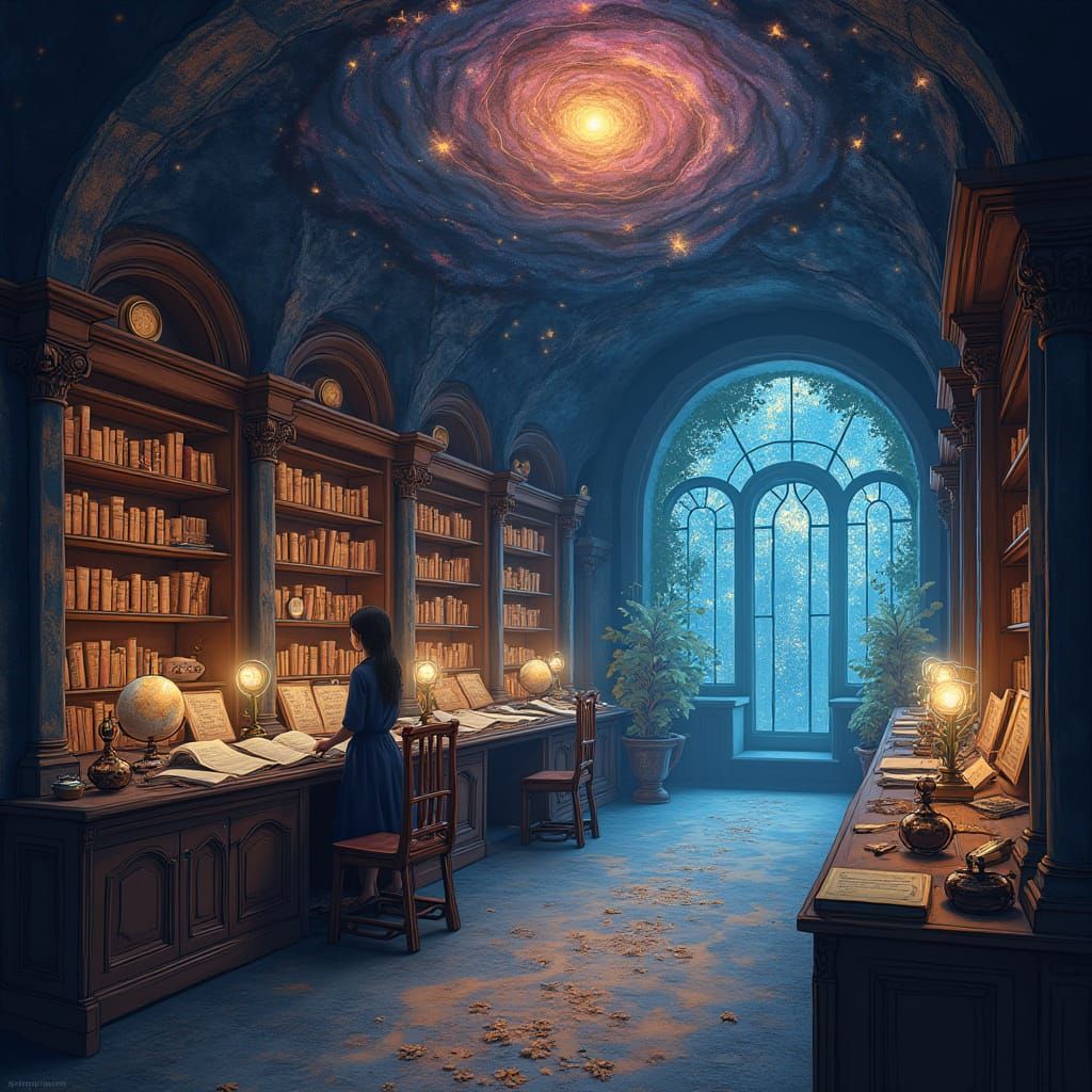 Cosmic Librarian in Rose Library: Miyazaki Style