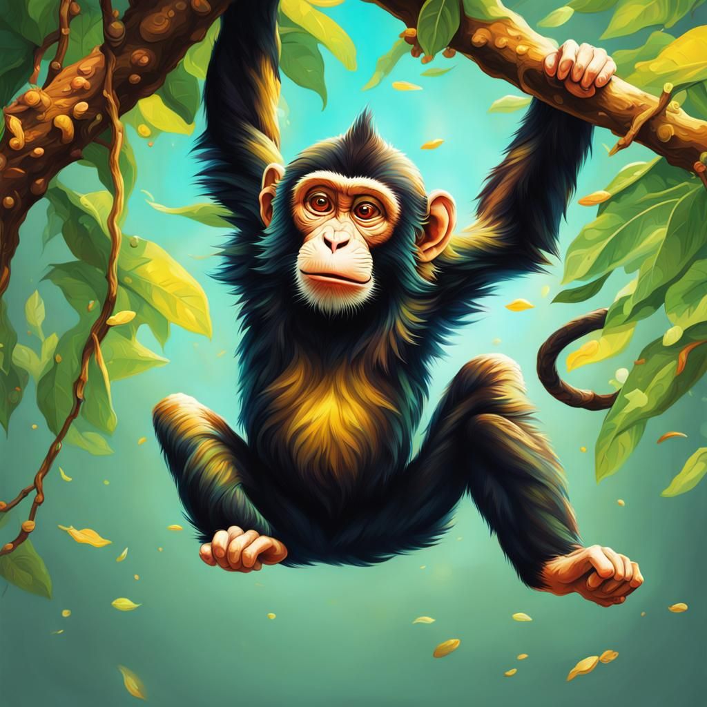 Hyperrealistic Monkey Hanging Upside Down from Tree